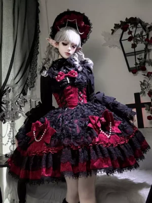 Elf ear Gothic Lolita character wearing black and wine red pearl decorated bonnet hat, medium full-body portrait showcasing complete headdress design