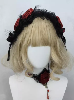 gothic-lolita-headdress-and-choker-set-front-view-dual-red-roses-black-ribbons-dangling-accents-and-drop-pendant