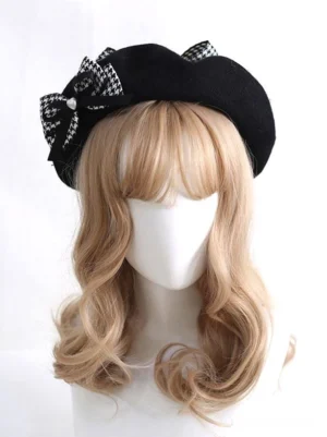 Lolita beret headdress front head-on view featuring black felt base dual houndstooth ribbon bows with pearl embellishments on blonde wig with bangs