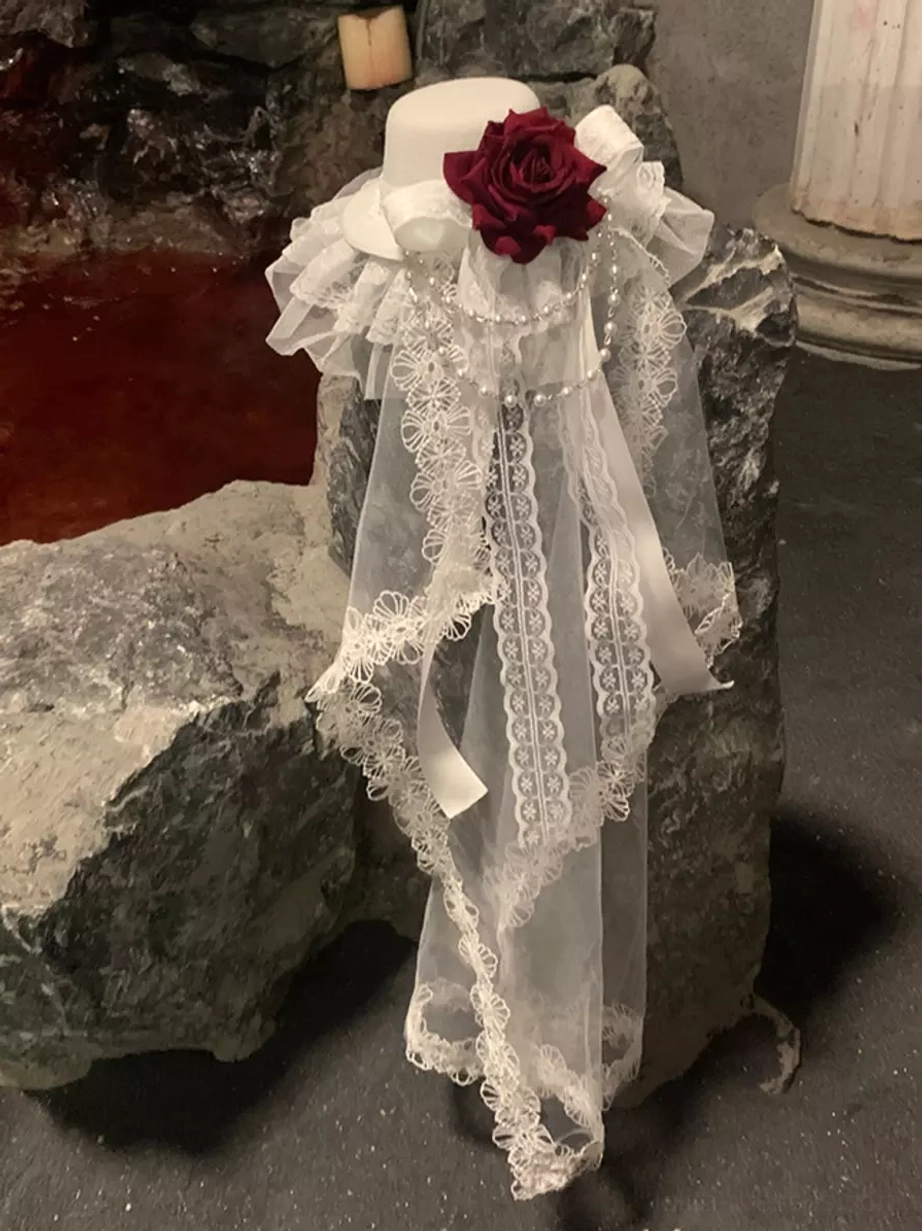 Gothic Lolita headdress with red rose and black lace veil - detailed product showcase featuring elegant Victorian-inspired design and Lolita accessories