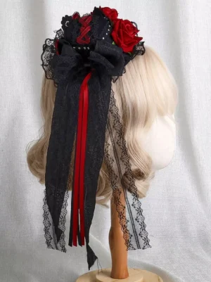 gothic-lolita-mini-top-hat-headdress-back-three-quarter-view-red-roses-black-lace-trim-two-tone-headdress
