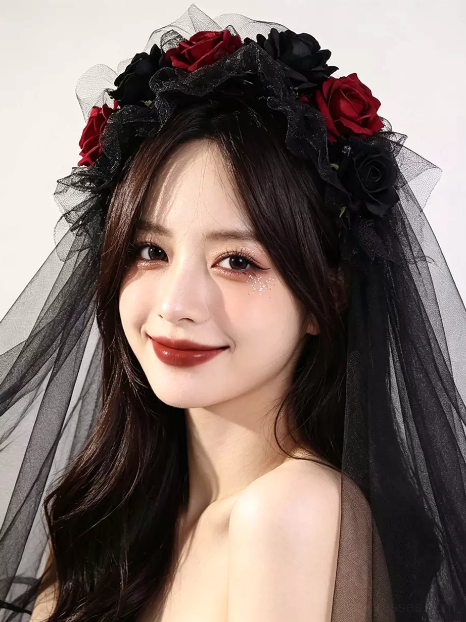 Gothic rose lolita headpiece close-up detail black tulle veil floral crown embellishments glamour makeup