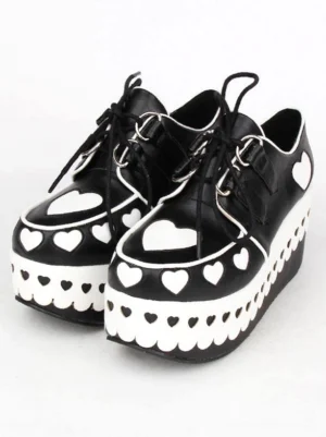 gothic heart lolita platform shoes black white hollow heart cutouts dual buckle strap laces front perspective
