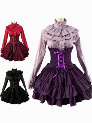 Gothic Lolita high-waist corset skirt with tiered ruffles in deep purple, black, and burgundy color options displayed on white background showcasing multiple silhouettes