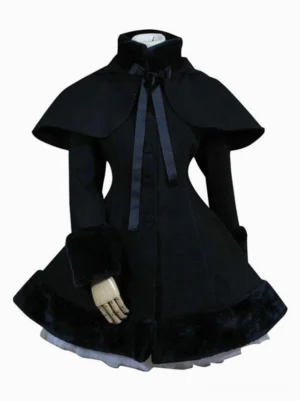 Front facing view of gothic lolita black winter cape coat with stand collar satin ribbon tie detail fitted waist and furry cuff trim on dress form