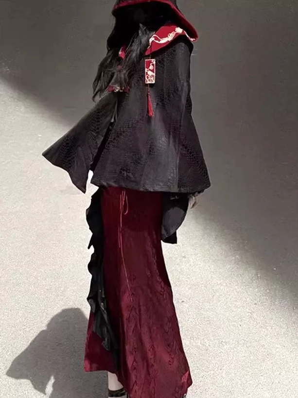 Gothic Lolita two-piece ensemble back view featuring black jacquard hooded cloak and matching wine red fishtail skirt with black ruffled hem trim