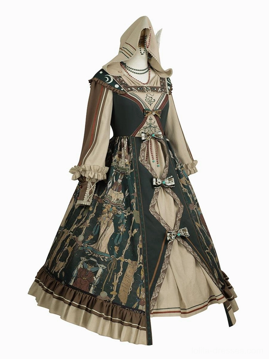 Dark green gothic lolita hooded dress three-quarter view mannequin front bow decoration layered ruffled hem white background