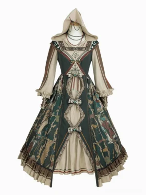 Dark green gothic lolita hooded long-sleeve dress with medieval tarot print front view mannequin display beige ruffled trims