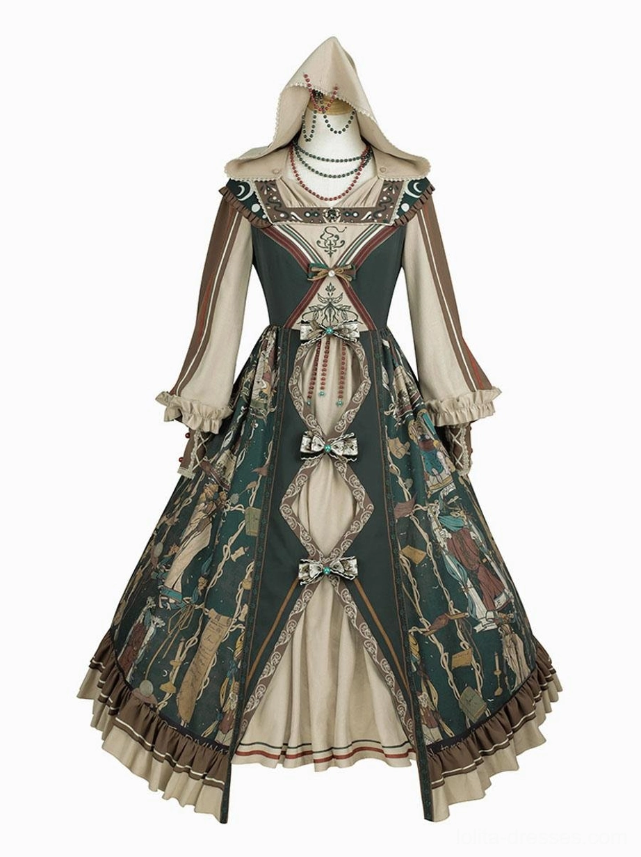 Dark green gothic lolita hooded long-sleeve dress with medieval tarot print front view mannequin display beige ruffled trims