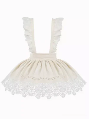 Ivory ruffled Gothic Lolita apron flat lay front view showing delicate lace trim details and voluminous shoulder straps