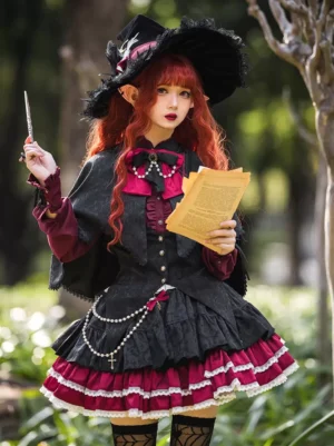 Gothic lolita suspender skirt three-quarter angle showcasing tiered ruffled hem with lace trim and color block design
