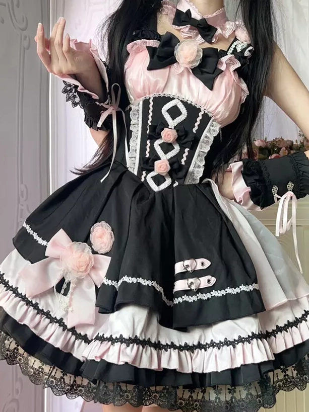 Gothic lolita dress color-block design black pink lace trim bow rose decorations indoor corridor