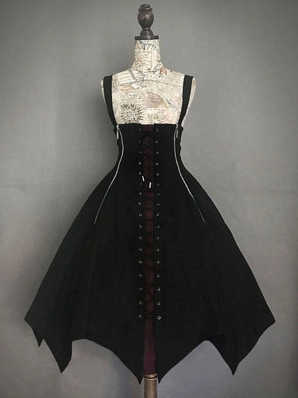 Black red gothic lolita JSK jumper skirt full front view showing central lace-up front panel silver side zippers and sharp pointed hem