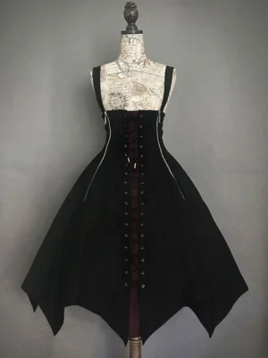 Black red gothic lolita JSK jumper skirt full front view with lace-up corset front panel and irregular pointed hem