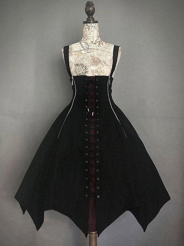Black red gothic lolita JSK jumper skirt full front view with lace-up corset front panel and irregular pointed hem
