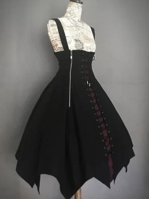 Black red gothic lolita jumper skirt side front view showing side zipper and lace-up side decoration with handkerchief hem