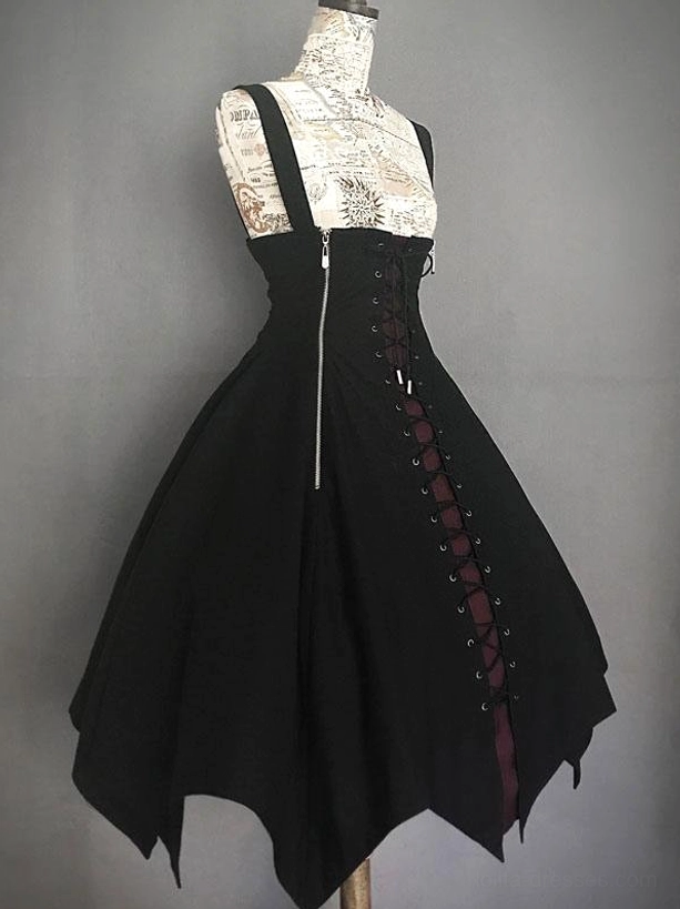 Black red gothic lolita jumper skirt side front view showing side zipper and lace-up side decoration with handkerchief hem
