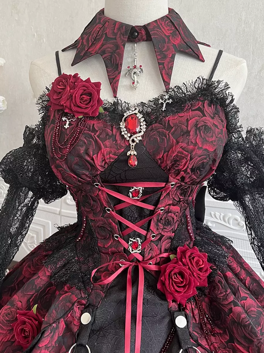 Burgundy and black jacquard Gothic Lolita JSK dress styled with accessories and vintage Gothic aesthetic backdrop showcasing overall theatrical silhouette