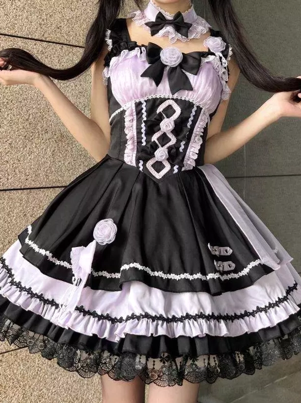 Gothic lolita JSK color-block pattern polyester fabric texture lace details quality construction