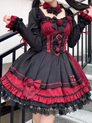 Gothic lolita jumper dress close-up corset bodice rose embellishments layered ruffled lace hem