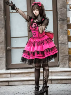 Back view of gothic lolita jumper dress featuring large back bow, cross-laced back detail, sheer mesh sleeves, and cutout fishnet stockings