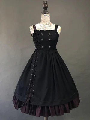 Gothic Lolita burgundy sleeveless JSK dress front view with wine red ruffled hem and black bodice
