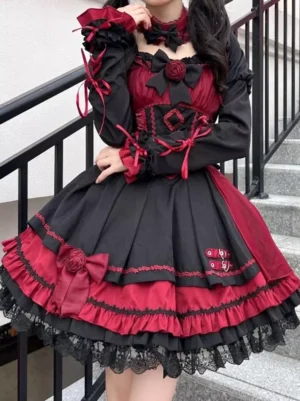 Gothic lolita JSK color-block dress front three-quarter view lace-up corset bodice pink light sky blue