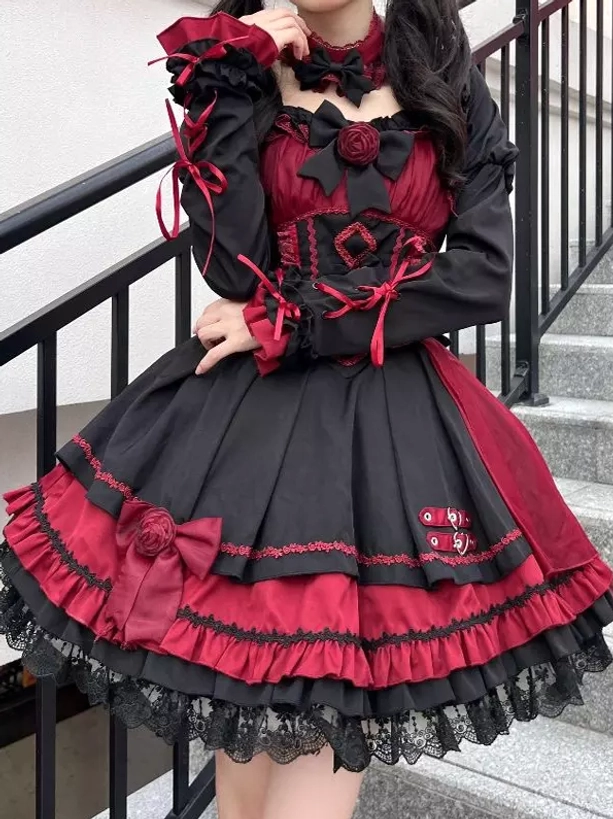 Gothic lolita JSK color-block dress front three-quarter view lace-up corset bodice pink light sky blue