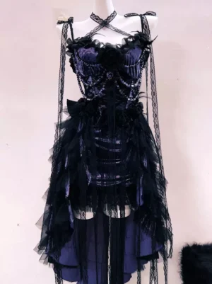Front view of gothic lolita JSK dress displaying crisscross halter straps beaded decorations and voluminous tiered tulle skirt construction