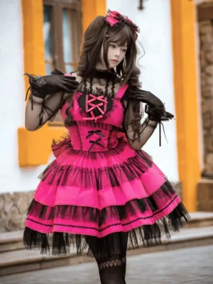 Gothic lolita JSK dress with hot pink and black tiered ruffled skirt, front three-quarter view showing structured silhouette and lace-up bust detail on outdoor European street