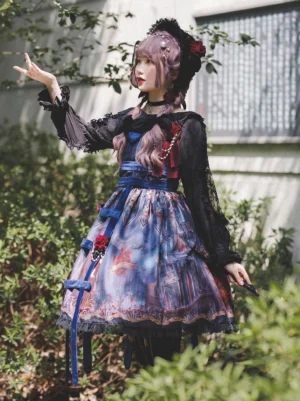 gothic lolita jsk dress with blouse side view model outdoor blue waist ribbons red rose ornaments ruffled lace hem