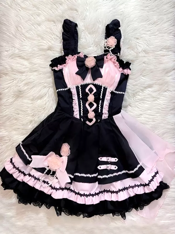 Gothic lolita JSK dress flat lay product shot black pink white color-block lace corset bodice
