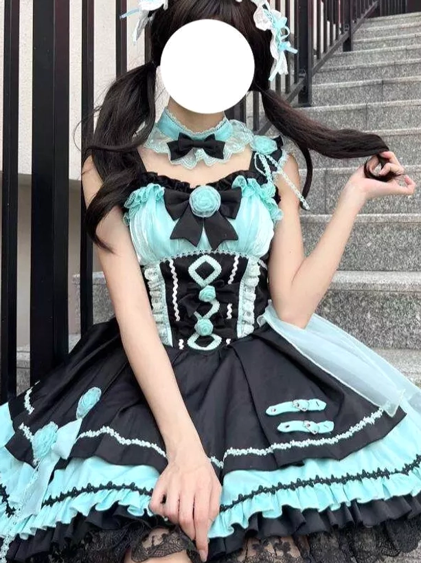 Gothic lolita dress lace-up corset detail eyelets adjustable fit bodice construction close-up