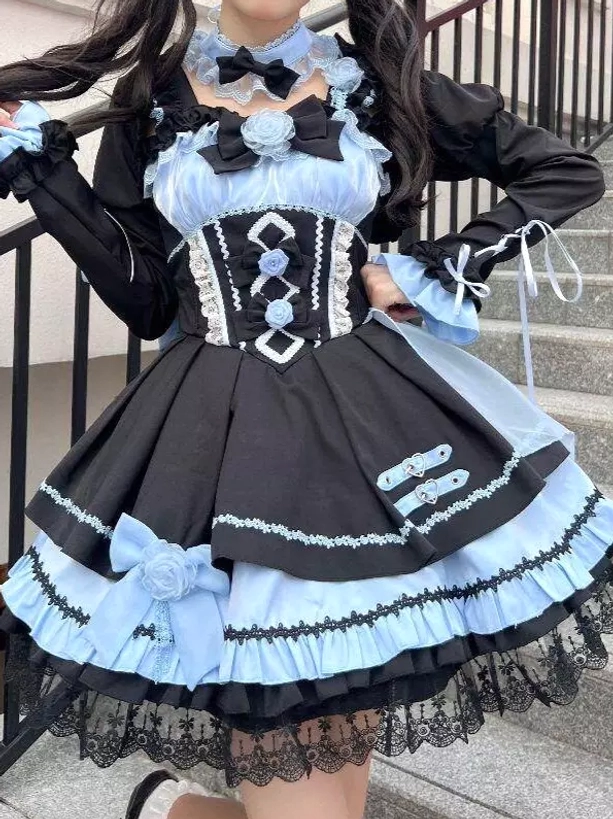Gothic lolita dress light sky blue color-block lace trim blue rose decorations front three-quarter