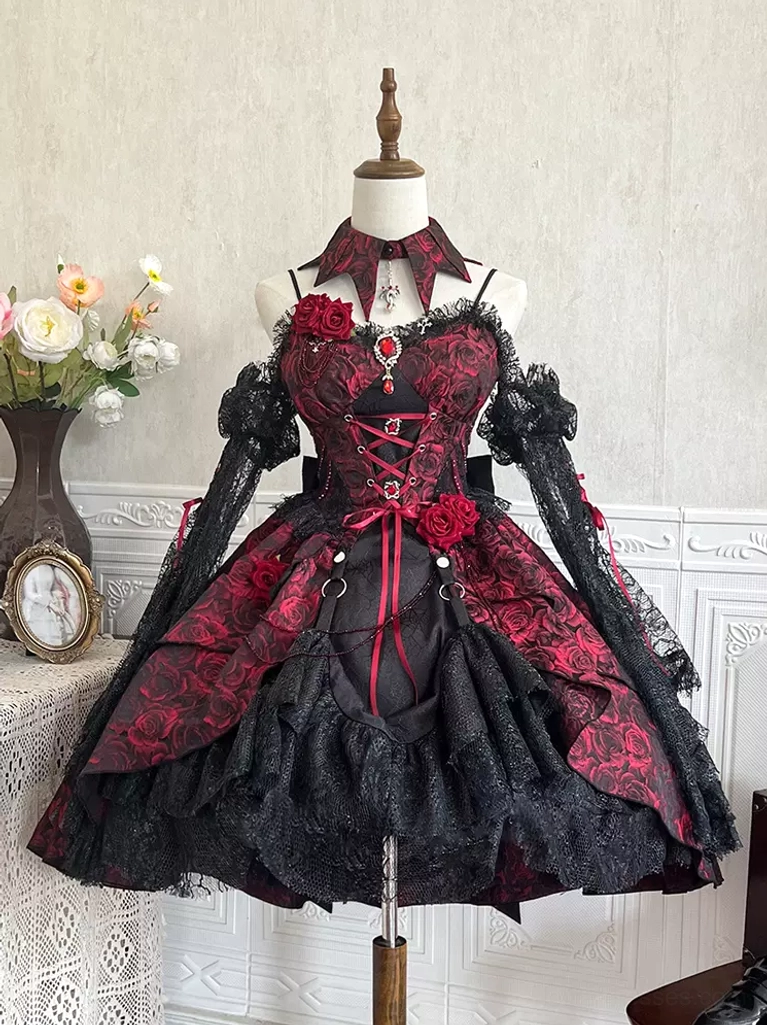 Gothic Lolita JSK on display mannequin showing removable halter choker, burgundy and black jacquard bodice, lace arm cuffs and rose trim embellishments in vintage setting