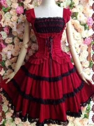Gothic Lolita red and black jumper skirt JSK front view with square neckline black lace trim pleated skirt sleeveless cotton dress