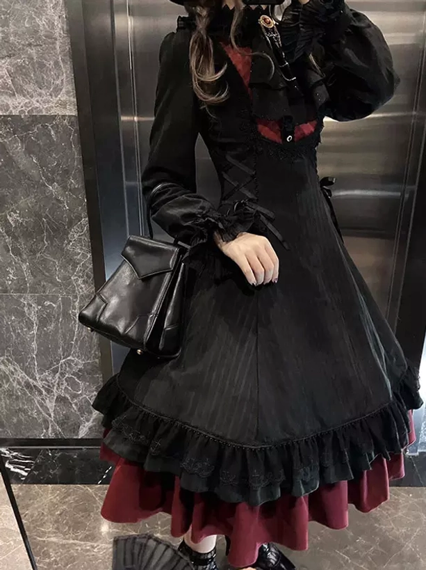 Gothic lolita jsk side view fitted waist hidden lace-up vertical stripe fabric tiered ruffled hem marble elevator setting