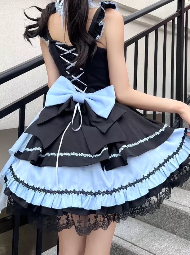 Gothic lolita color-block dress side view lace-up corset silhouette pink sky blue accents