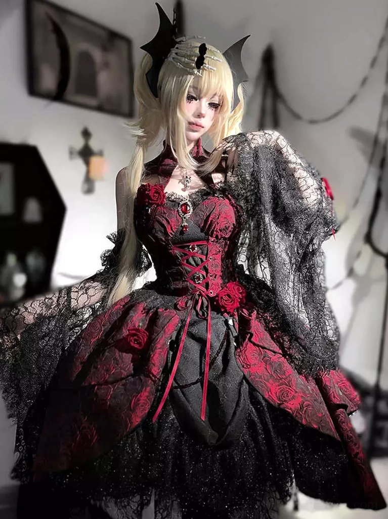 Side front angle of Gothic Lolita JSK showing sheer extended lace oversleeves and halter neckline design with jacquard fabric details in burgundy and black