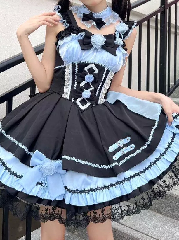 Gothic lolita JSK sleeveless jumper dress detailed embellishments lace ruffles bows full outfit