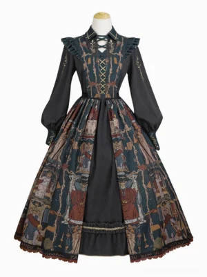 Black Gothic Lolita jumper dress with tarot print and lace-up bodice, front flat lay display showing full skirt volume and ruffled hem details