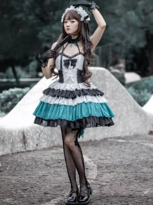 Gothic Lolita JSK tiered ruffle color-block dress sleeveless front full-body outdoor park model wearing black gloves