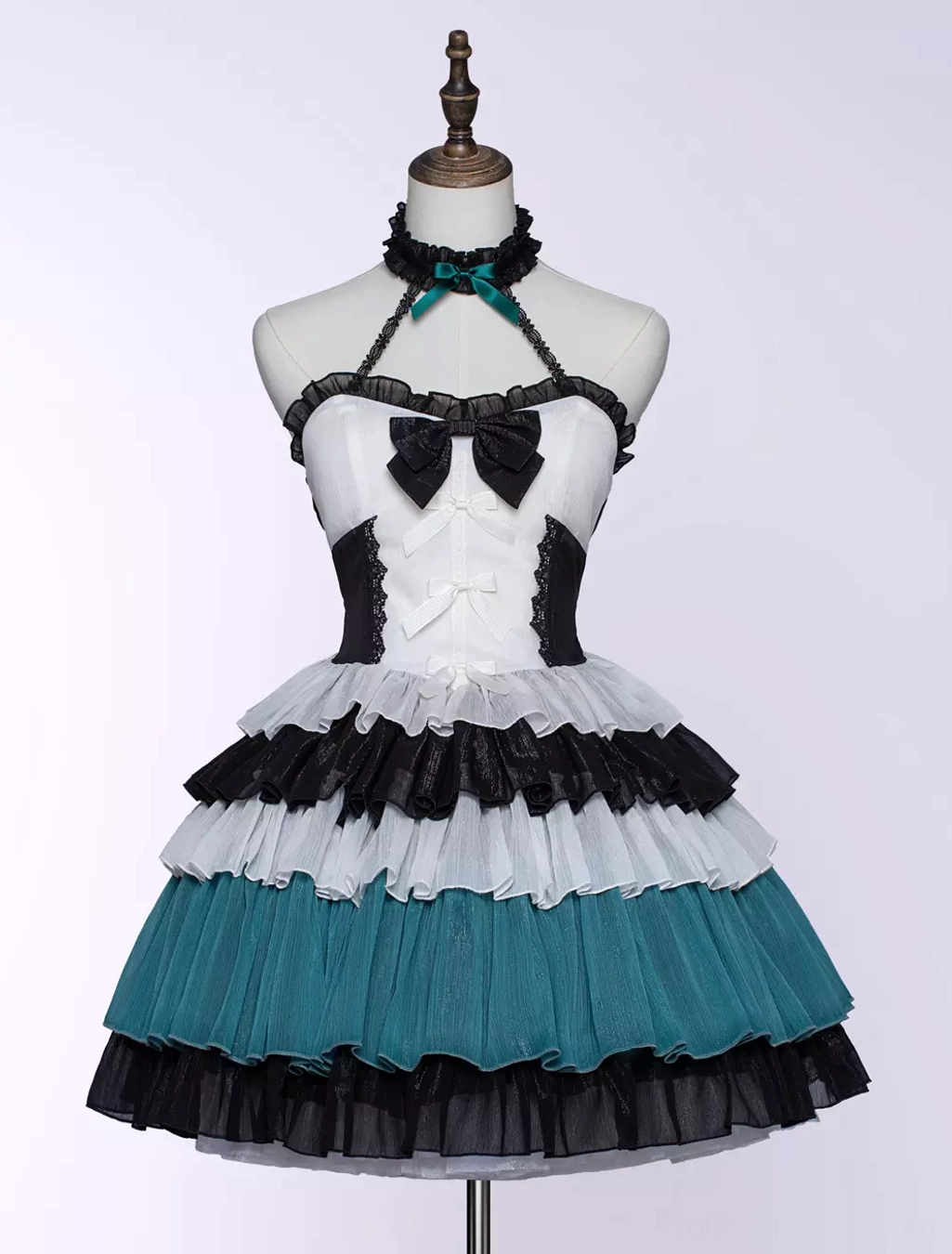 Gothic Lolita JSK tiered ruffle dress studio static display on dress form halter neck bow decor color-block