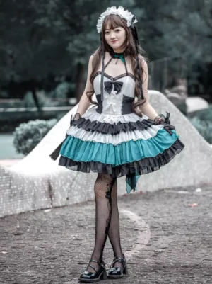 Gothic Lolita JSK tiered ruffle dress three-quarter view female model lifting skirt hem fishnet stockings