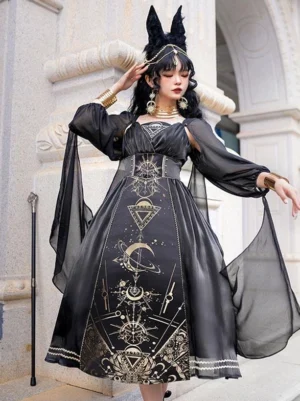 Gothic lolita dress back three-quarter view showcasing shirred elastic bodice, sheer side scarves, and high waist design
