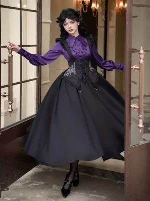 Black jacquard gothic lolita sleeveless jumper dress with lace-up corset front, multi-layer ruffles, and full skirt worn with purple blouse vintage european doorway setting