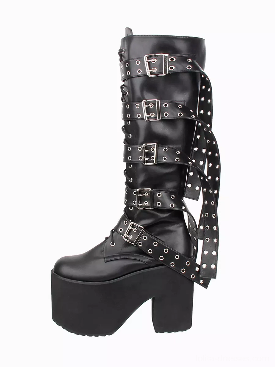 gothic lolita knee high boot right profile view round toe platform wedge heel multiple buckle grommet straps
