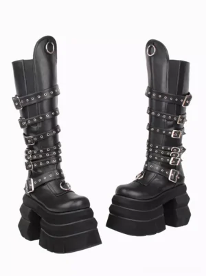 Black Gothic Lolita knee-high platform boots front flat view displaying dual-side buckle straps metal grommets boot collar thick layered platform heel