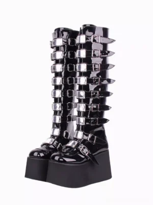 Gothic lolita knee-high platform boots with silver buckle straps front three-quarter view black patent leather thick wedge sole