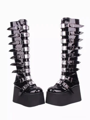 Black lolita platform wedge boots side view paired boots glossy patent leather decorative silver buckles round toe